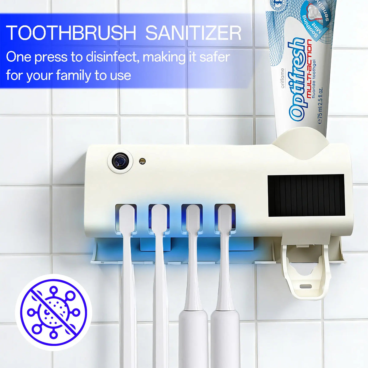 ABS Smart Button UV Toothbrush Holder Set with Dispenser — Self-Adhesive, No Drilling Required, Cordless; a Multifunctional Bathroom Accessory. Durable, Modern Wall-Mounted Storage Rack for Storing Toothbrushes and Supporting Home Oral Care.