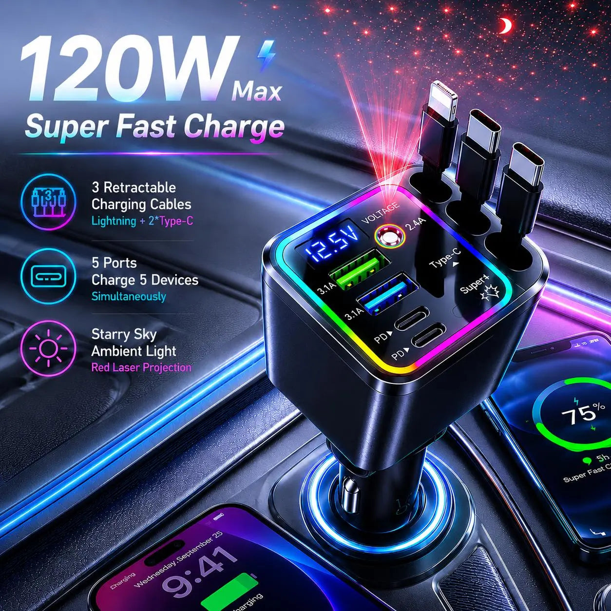 Retractable cable charging station with galaxy projector