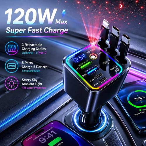 Retractable cable charging station with galaxy projector
