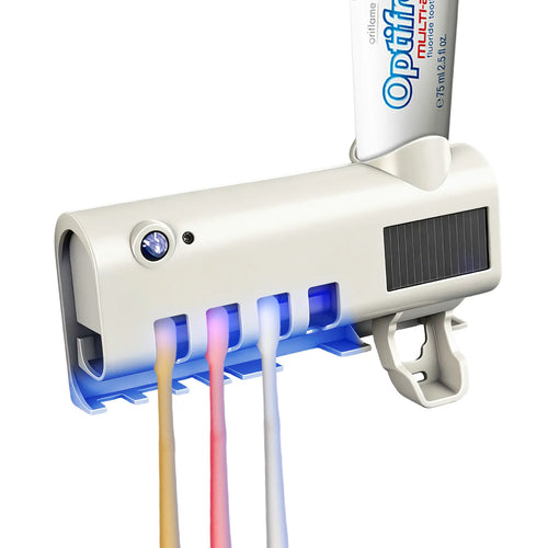 ABS Smart Button UV Toothbrush Holder Set with Dispenser — Self-Adhesive, No Drilling Required, Cordless; a Multifunctional Bathroom Accessory. Durable, Modern Wall-Mounted Storage Rack for Storing Toothbrushes and Supporting Home Oral Care.