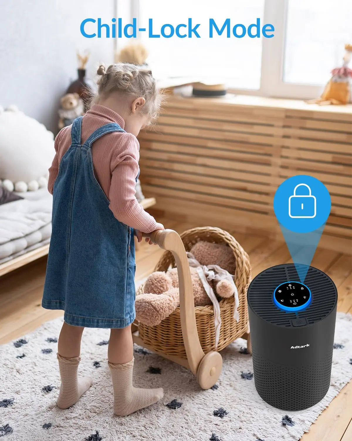 Air purifier running in a darkened bedroom
