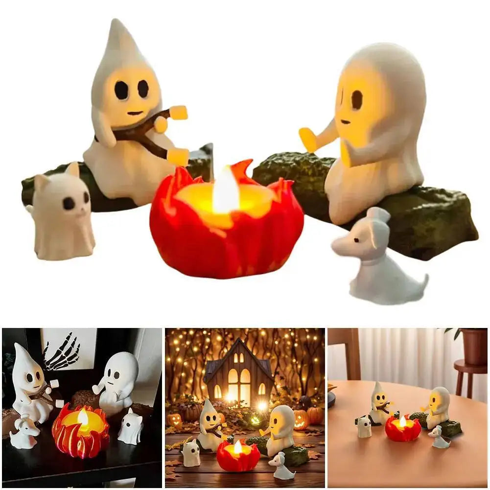 Ghost campfire statue set shown on a porch step