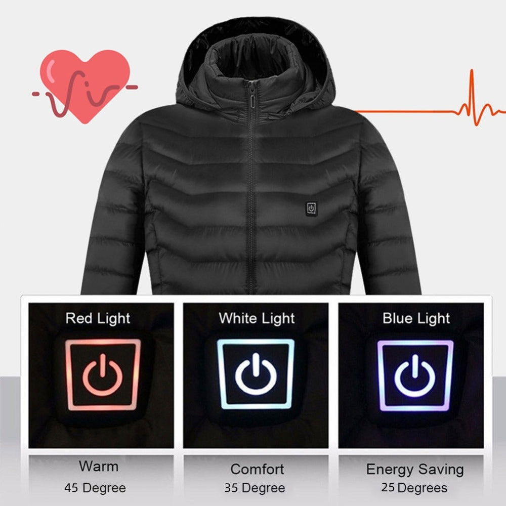 Heated jacket shown worn, front view