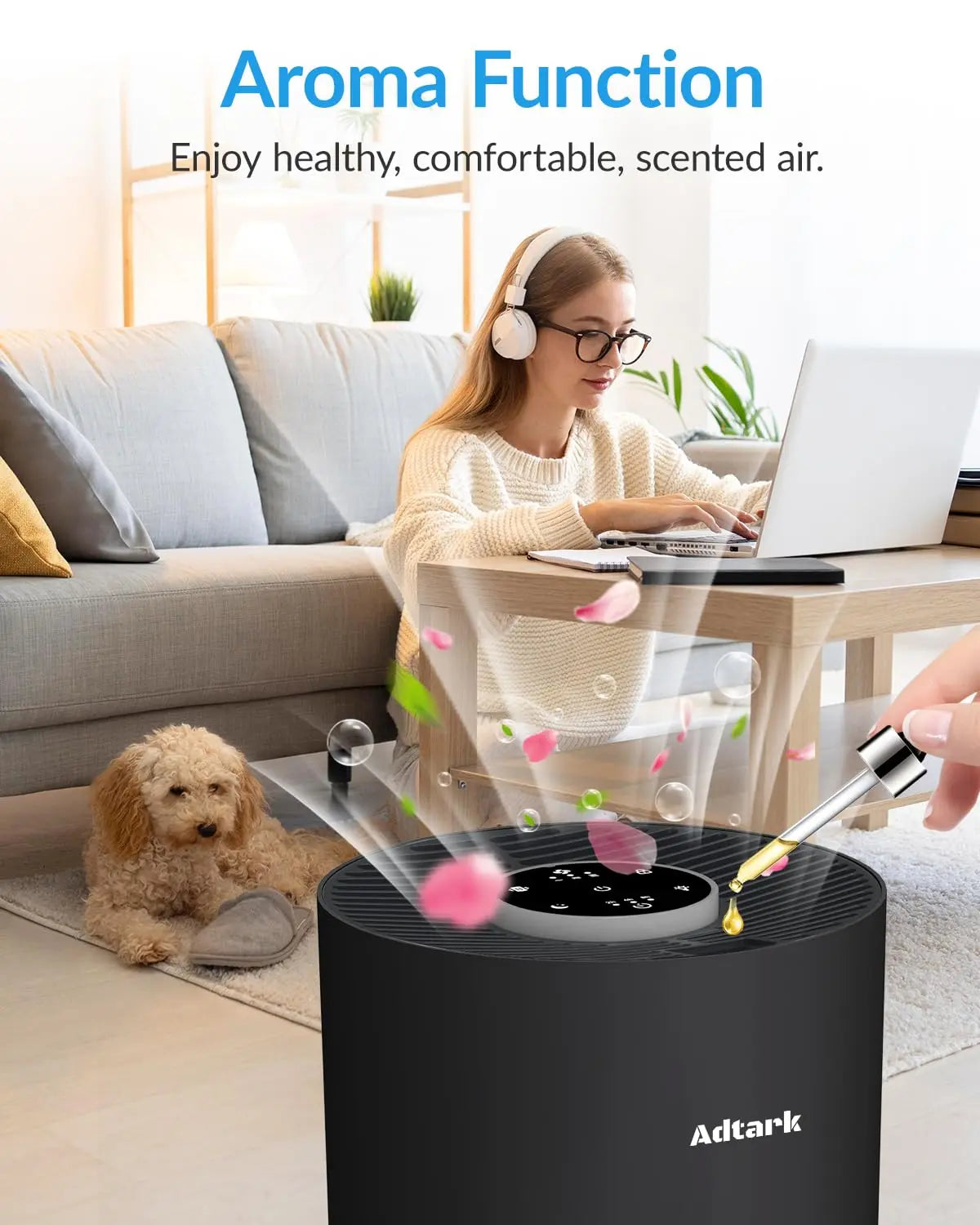 Air purifier shown on a bedside table