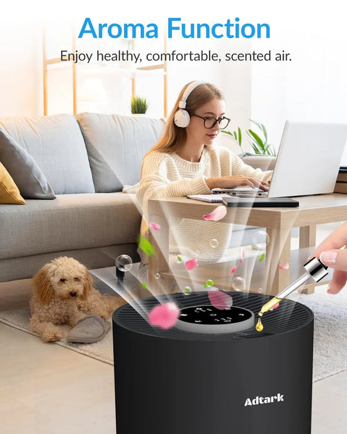 Air purifier shown on a bedside table