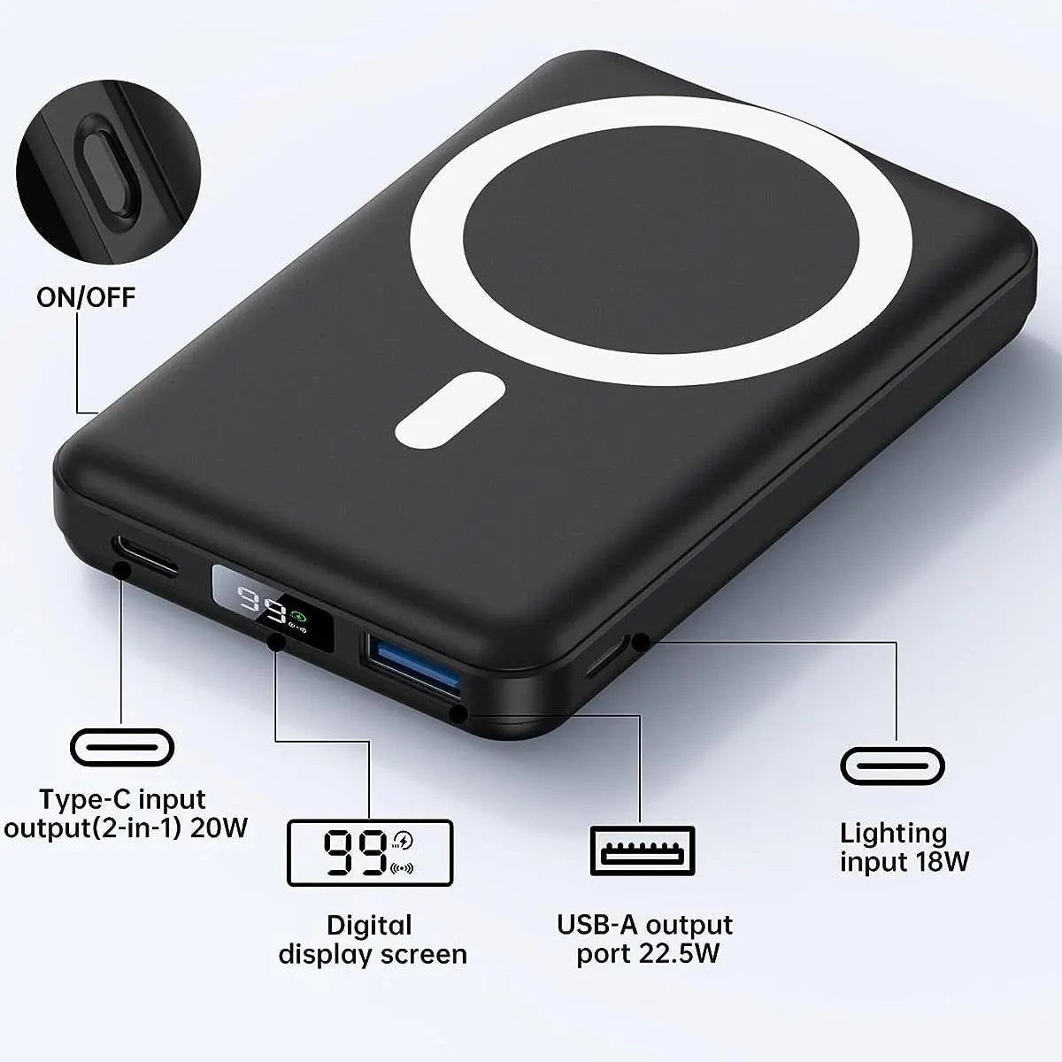 Magnetic Battery ，Magnetic Power Bank , 10000 Mah Power Bank with Folding Stand with USB-C Cable LED Display, Magnetic Power Bank 22.5W PD Fast Charging for Iphone D013 Black Compact