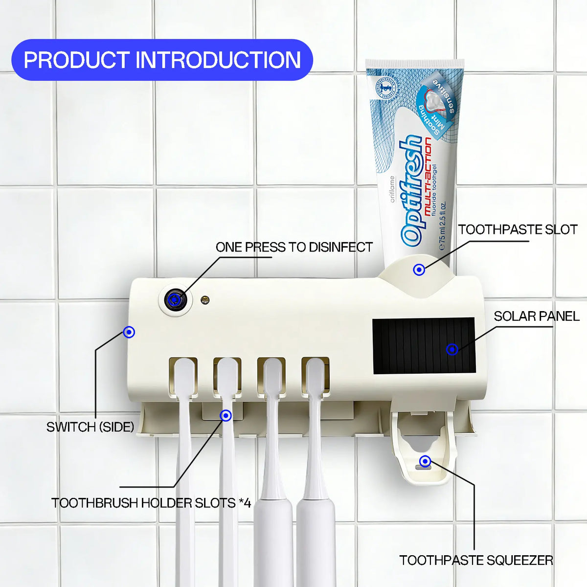ABS Smart Button UV Toothbrush Holder Set with Dispenser — Self-Adhesive, No Drilling Required, Cordless; a Multifunctional Bathroom Accessory. Durable, Modern Wall-Mounted Storage Rack for Storing Toothbrushes and Supporting Home Oral Care.