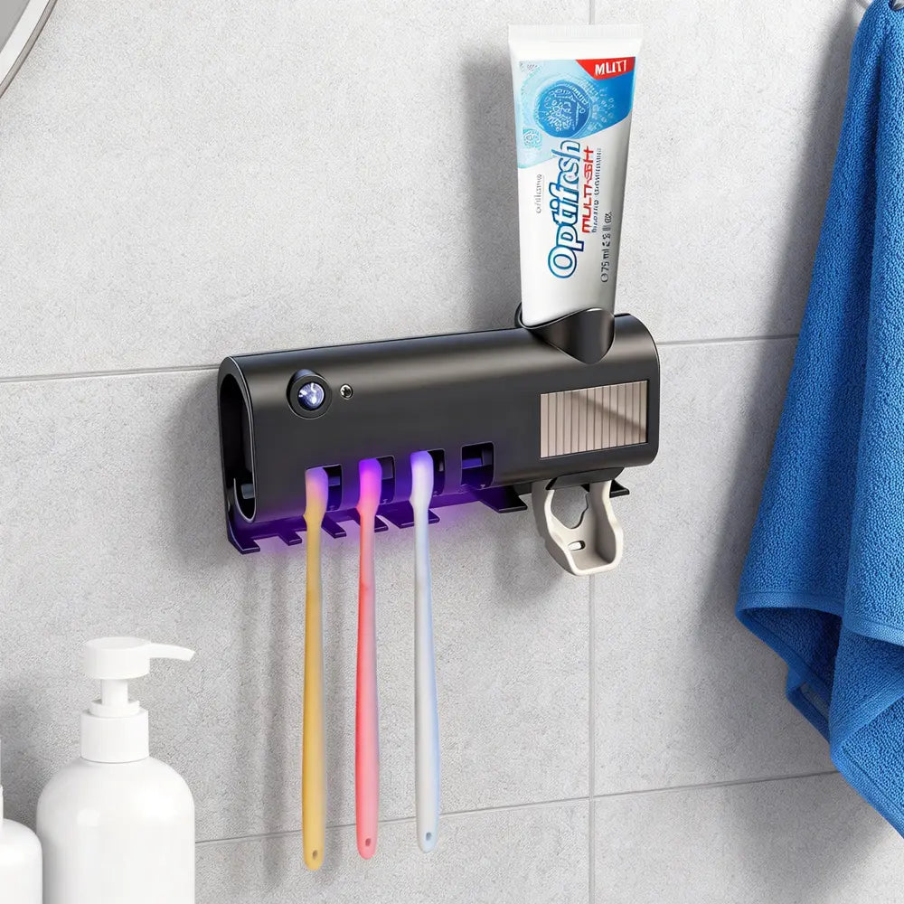 ABS Smart Button UV Toothbrush Holder Set with Dispenser — Self-Adhesive, No Drilling Required, Cordless; a Multifunctional Bathroom Accessory. Durable, Modern Wall-Mounted Storage Rack for Storing Toothbrushes and Supporting Home Oral Care.