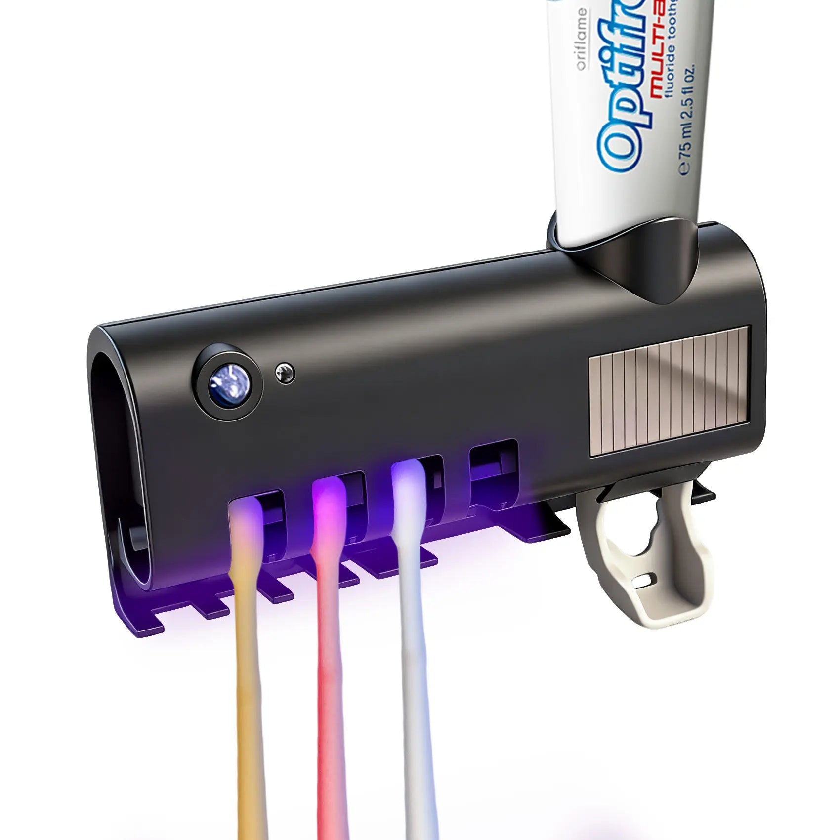 ABS Smart Button UV Toothbrush Holder Set with Dispenser — Self-Adhesive, No Drilling Required, Cordless; a Multifunctional Bathroom Accessory. Durable, Modern Wall-Mounted Storage Rack for Storing Toothbrushes and Supporting Home Oral Care.