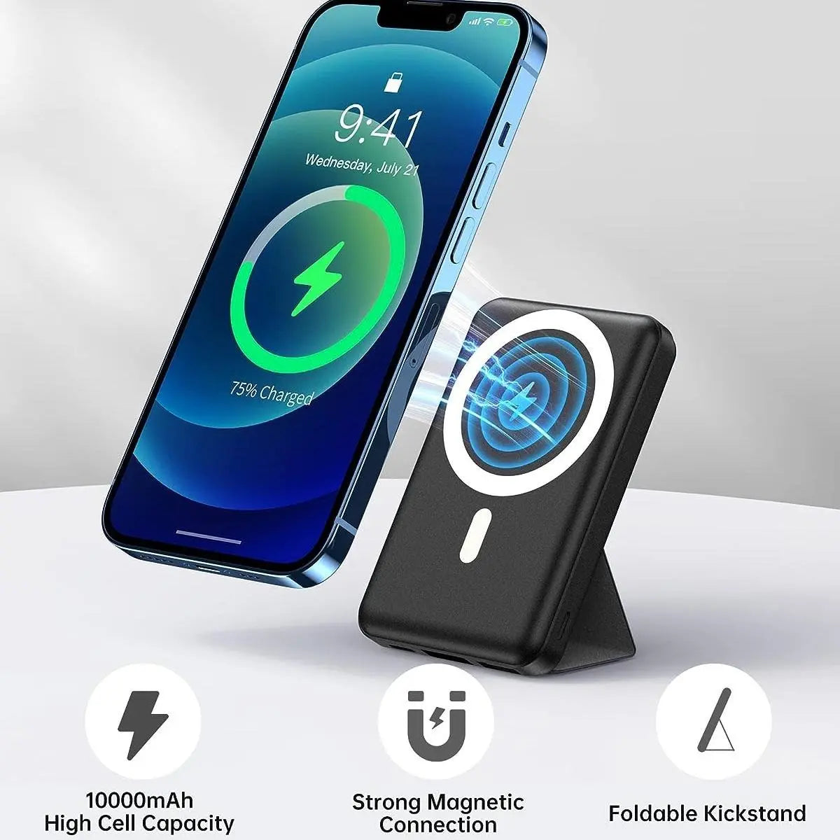 Magnetic Battery ，Magnetic Power Bank , 10000 Mah Power Bank with Folding Stand with USB-C Cable LED Display, Magnetic Power Bank 22.5W PD Fast Charging for Iphone D013 Black Compact